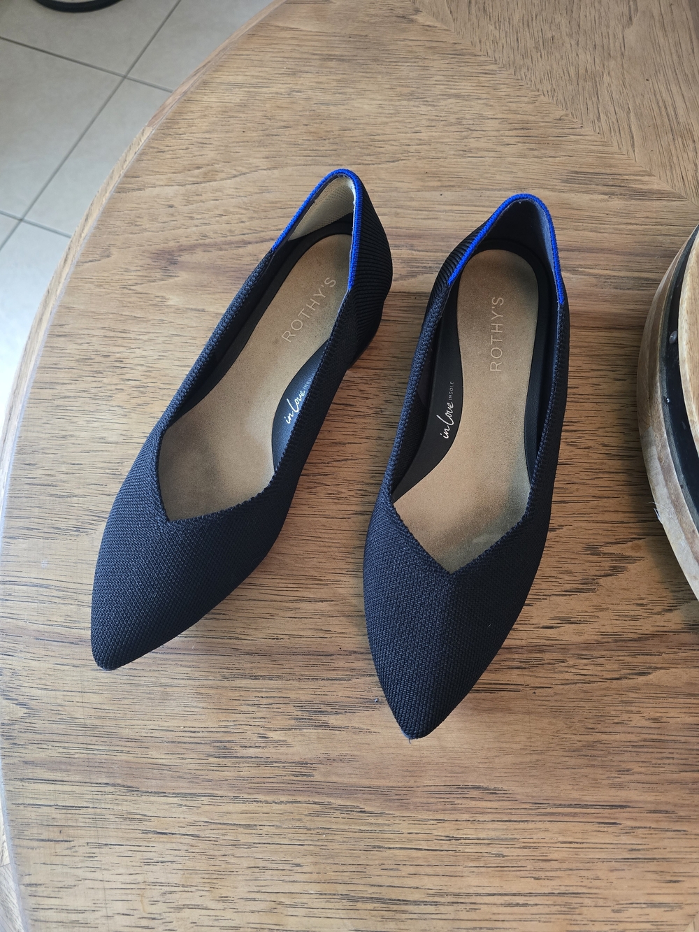Rothy's Black Knit Pointed Heels with Blue Trim